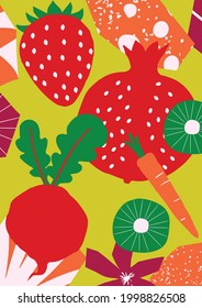 Exotic fruits and vegetables poster. Summer tropical design with strawberry, pomegranate, kiwi, carrot, beetroot colorful mix. Healthy diet, vegan food background vector illustration