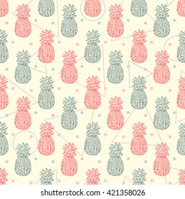 Exotic fruits wallpaper. Hand Drawn doodle Pineapple background. Abstract seamless pattern with pineapples and geometric shapes.