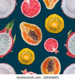 Exotic fruits:kiwi, coconut, papaya, pomegranate, dragon eye. Watercolor seamless pattern.