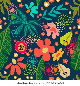 Exotic garden blossom. Seamless botanical pattern with tropical flowers and fruits inspired by 1950s-1960s design. Retro textile collection. On dark background.