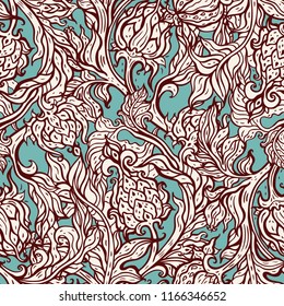 Exotic Garden. Seamless vector background with oriental pattern. Paisley flowers, hand drawn detailed illustration