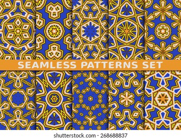 Exotic geometric seamless patterns set. Ten illustrations with Swatch.