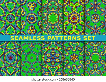Exotic geometric seamless patterns set. Ten illustrations with Swatch.