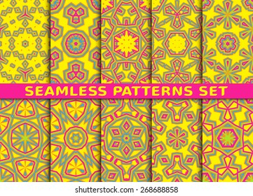 Exotic geometric seamless patterns set. Ten illustrations with Swatch.