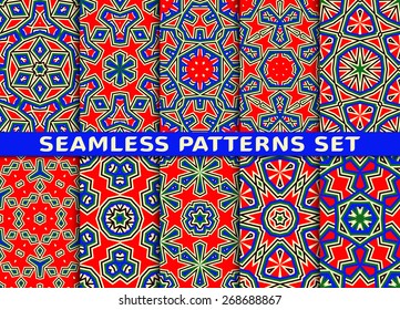 Exotic geometric seamless patterns set. Ten illustrations with Swatch.