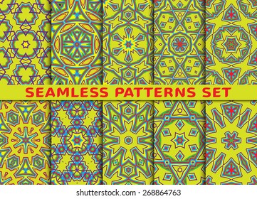 Exotic geometric seamless patterns set. Ten colorful illustrations with Swatch.
