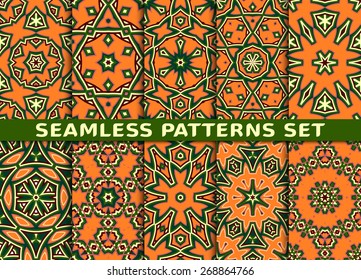 Exotic geometric seamless patterns set. Ten colorful illustrations with Swatch.