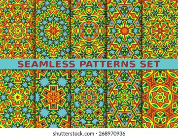 Exotic geometric seamless patterns set. Ten colorful prints with Swatch.