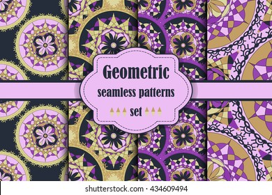 Exotic geometric seamless patterns set. Ten colorful illustrations with round mosaic elements