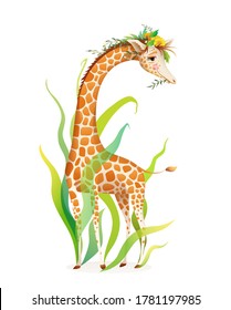 Exotic Giraffe in nature Realistic design for t shirt or poster print. Animal print, picture book, colorful animal character. Watercolor style vector graphic with 3d imitation.