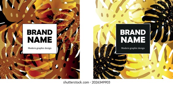 Exotic gold cover brand design with monstera plant leaves.  Floral background with black and gold leaves and splashes, tropical pattern. Elegant template for wedding invitation, brochure ,brand design