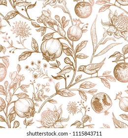 Exotic gold flowers, birds and fruits. Seamless vector floral pattern in style vintage luxury fabrics. Art vector illustration. Unusual template for design of textiles, paper, case phone cover.