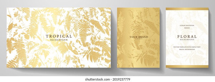 Exotic gold invitation, cover design set. Floral background with tropical pattern of leaf (jungle). Premium horizontal and vertical vector template for gift card, banner, wedding invite, voucher, menu