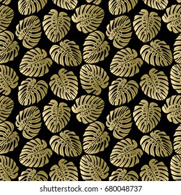 Exotic gold pattern with  monstera leaves. Seamless tropical background. Vector illustration.