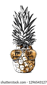 Exotic gold Tropical Pineapple in a sunglasses. Hello summer - lettering quote. Inspiration typography poster, card design, hand drawn style t-shirt print. Vector illustration.