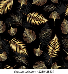 Exotic gold tropical vector background with hawaiian plants. Seamless tropical pattern with monstera and palm leaves.