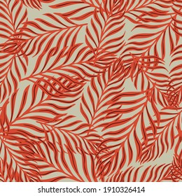 Exotic goliage seamless pattern with red colored fern leaf elements. Grey background. Doodle nature print. Stock illustration. Vector design for textile, fabric, giftwrap, wallpapers.
