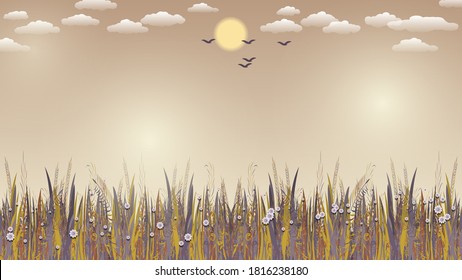 exotic grass and flowers against the sky with the sun, clouds, glow, silhouettes of flying birds. beautiful natural background in beige and purple tones. author's work. vector