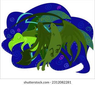 An exotic green bird, flying in a strange, mysterious forest. This cartoon illustration can be used as a logotype for bird's, singing, tourist, zoo and other creative companies. Vector, isolated.