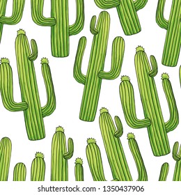 Exotic green cactuses seamless pattern. Tropic succulents and flowering plants. Mexican style background with plants, cartoon drawing. Succulent wrapping paper flat vector fill