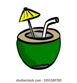 Exotic green coconut cocktail with small yellow umbrella vector illustration sketch hand drawn with black lines isolated on white background