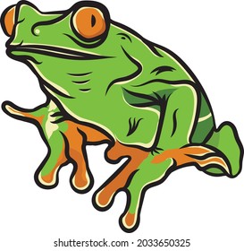 Exotic green frog isolated on white background. Beautiful natural animal. Macro icon colorful toad. Design for paper, banner, t-shirt, logo.