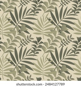 Exotic green leaves seamless pattern design. Elegant summer background with tropical plants. Simple floral repeating vector print.