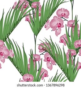 Exotic green palms leaves and pink orchid flowers branch, white background. Floral seamless pattern. Tropical illustration. Summer beach design. Paradise nature. 