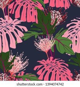 Exotic green and pink tropical palm leaves and protea flowers, drk blue background. Floral seamless pattern. Tropical illustration. Summer beach design. Paradise nature.
