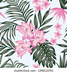 Exotic green tropical palm, monstera leaves and pink lily, frangipani, plumeria, bird of paradise flowers on the white background. Seamless realistic vector composition, trendy botanical pattern