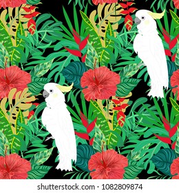 Exotic hand draw Tropical flower and many kind of  Leaves with Cockatoo on Black background, Hawaii textile pattern print, eps 10 vector