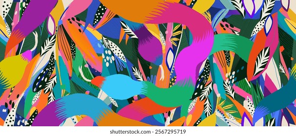 Exotic hand drawn abstract jungle and snakes pattern. Dynamic tropical print. Fashionable unique template for design. 