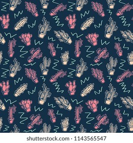 Exotic hand drawn cactus pattern with punchy pastel colorful seamless background.