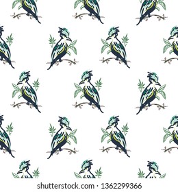 Exotic hand drawn cute birds seamless vector pattern white background. Blue and green abstract parrot birds.