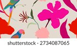 Exotic hand drawn floral pattern with parrots. Colorful contemporary seamless unique print.