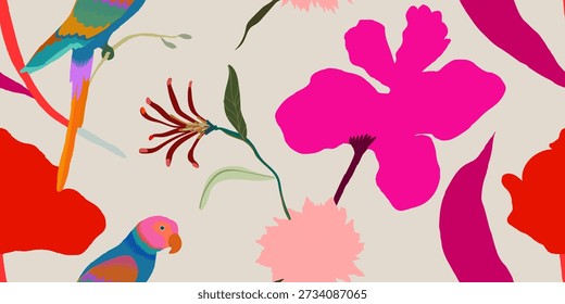 Exotic hand drawn floral pattern with parrots. Colorful contemporary seamless unique print.