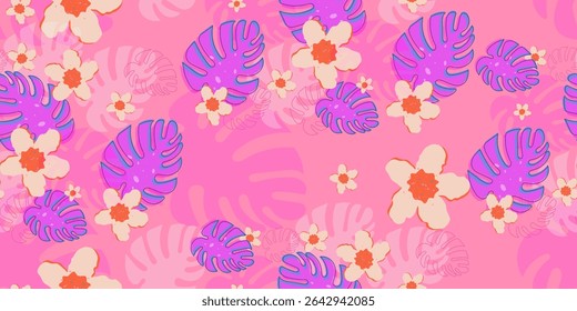 Exotic hand drawn flowers and leafs, seamless patterns with floral for fabric, textiles, clothing, wrapping paper, cover, banner, home decor, abstract backgrounds. Vector illustration.