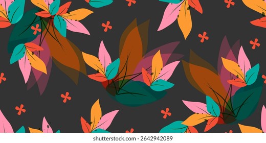 Exotic hand drawn flowers and leaves, seamless patterns with floral for fabric, textiles, clothing, wrapping paper, cover, banner, home decor, abstract backgrounds. Vector illustration.