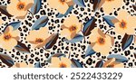 Exotic hand drawn flowers print, seamless patterns with floral and leopard for fabric, textiles, clothing, poster, cover, banner, wall art, home decor, abstract backgrounds.