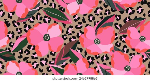 Exotic hand drawn flowers print, seamless patterns with floral and leopard for fabric, textiles, clothing, poster, cover, banner, wall art, home decor, abstract backgrounds.