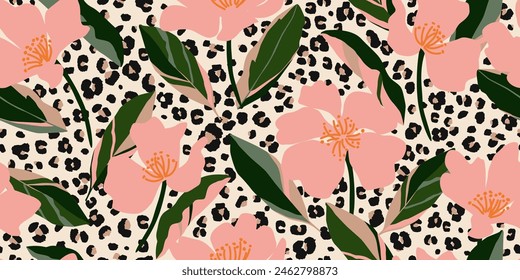 Exotic hand drawn flowers print, seamless patterns with floral and leopard for fabric, textiles, clothing, poster, cover, banner, wall art, home decor, abstract backgrounds.