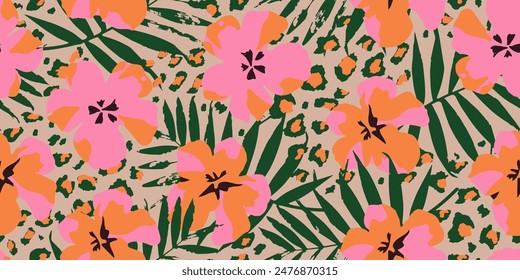 Exotic hand drawn flowers print, seamless patterns with floral and leopard for fabric, textiles, clothing, poster, cover, banner, wall art, home decor, abstract backgrounds.