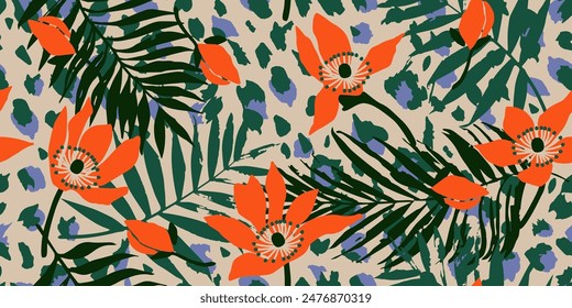 Exotic hand drawn flowers print, seamless patterns with floral and leopard for fabric, textiles, clothing, poster, cover, banner, wall art, home decor, abstract backgrounds.