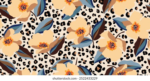 Impressão de flores desenhadas à mão exótica, padrões sem costura com floral e leopardo para tecido, têxteis, roupas, cartaz, capa, faixa, arte de parede, decoração de casa, fundos abstratos.