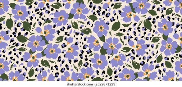 Impresión de flores dibujadas a mano exótica, patrones sin costuras con flores y leopardo para tela, textiles, ropa, póster, cubierta, Anuncio, arte de la pared, decoración del hogar, fondos abstractos.