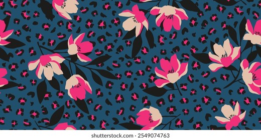 Exotic hand drawn flowers print, seamless patterns with floral and leopard for fabric, textiles, clothing, poster, cover, banner, wall art, home decor, abstract backgrounds.