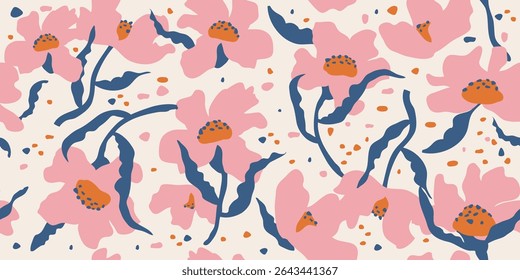Exotic hand drawn flowers print, seamless patterns with floral and leopard for fabric, textiles, clothing, poster, cover, banner, wall art, home decor, abstract backgrounds.