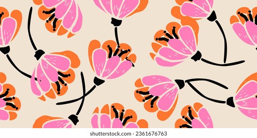 Exotic hand drawn flowers, seamless patterns with floral for fabric, textiles, clothing, wrapping paper, cover, banner, home decor, abstract backgrounds.