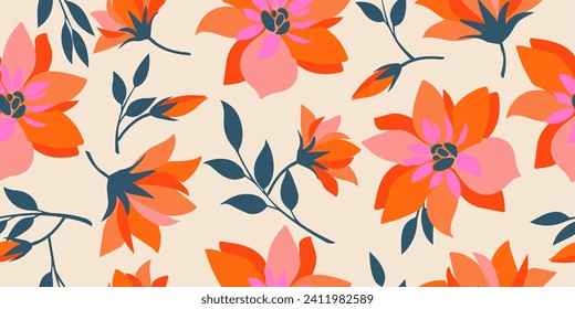 Exotic hand drawn flowers, seamless patterns with floral for fabric, textiles, clothing, wrapping paper, cover, banner, home decor, abstract backgrounds. vector illustration.