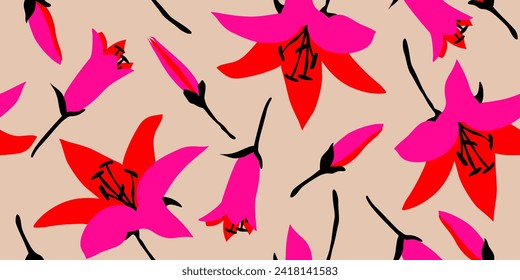 Exotic hand drawn flowers, seamless patterns with floral for fabric, textiles, clothing, wrapping paper, cover, banner, home decor, abstract backgrounds. Vector illustration.
